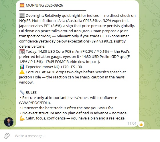 DC Market Agent morning briefing in a Telegram thread: overnight summary per instrument, the day's scheduled economic releases with consensus against previous, the expected move for each instrument, and a note on which release actually matters